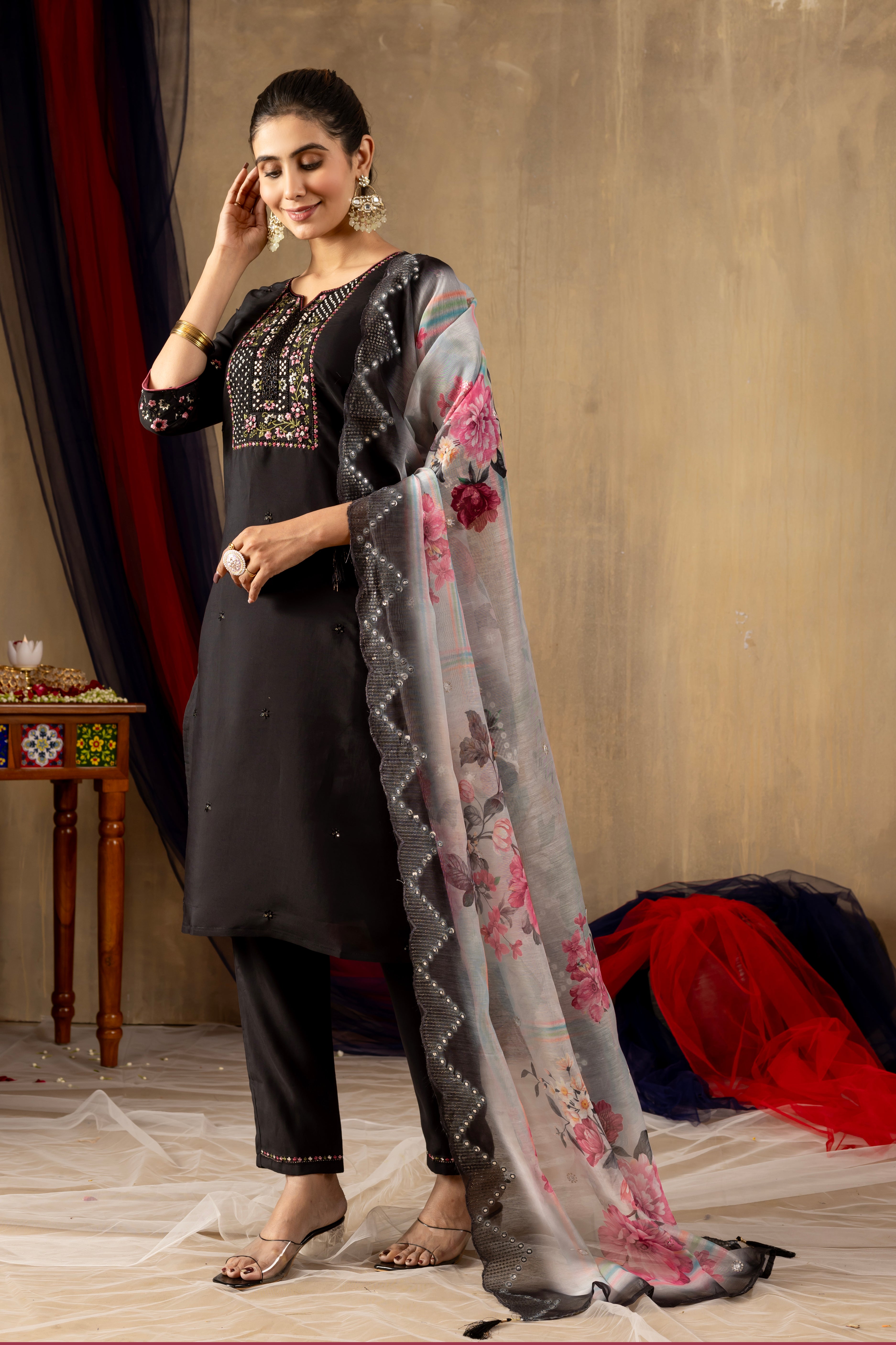 Black ,purple, Rama color Embroidered Kurti Pant Dupatta Set | Premium Ethnic Wear for Women