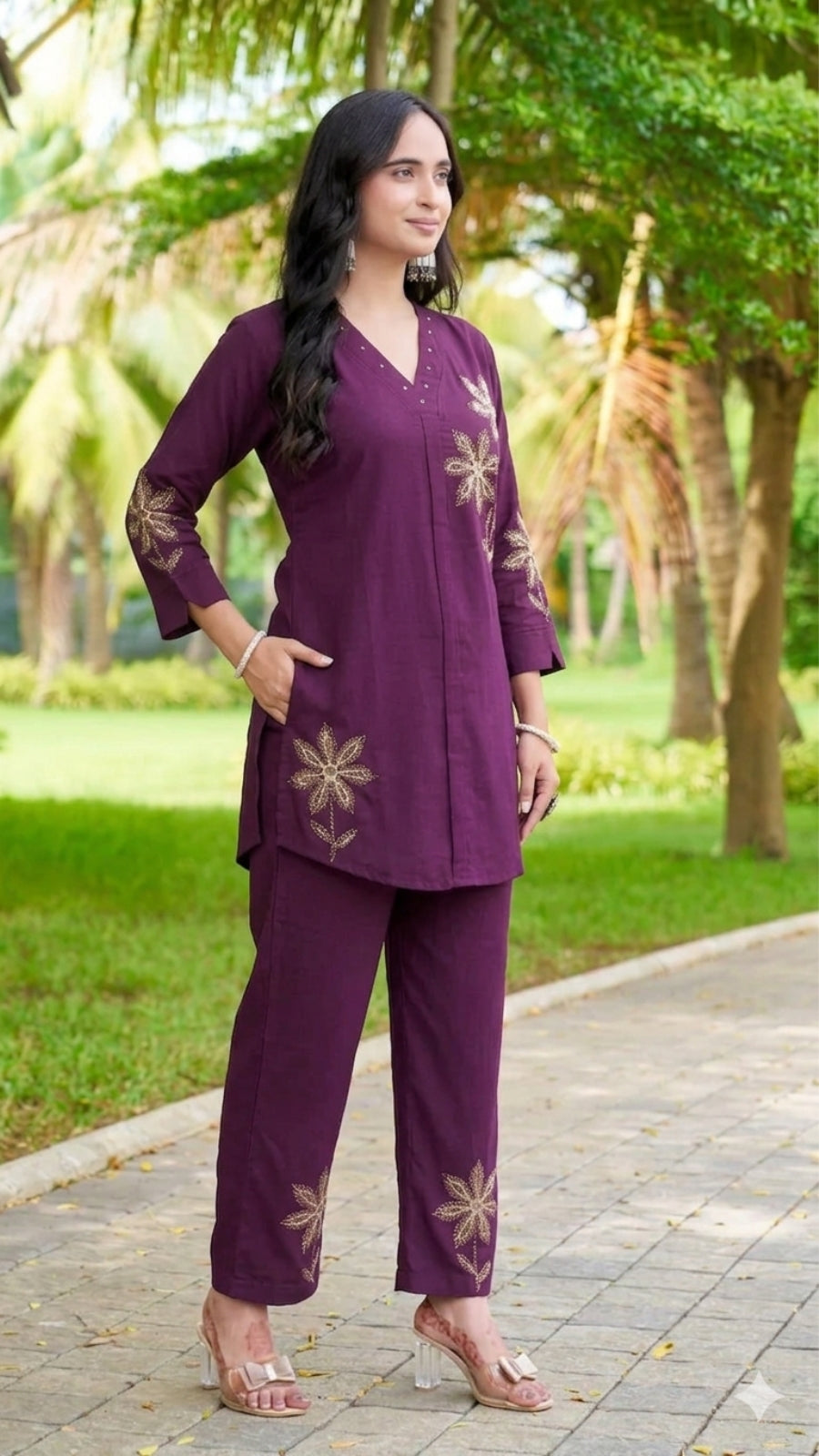 Women Brown Embroidered Co-Ord Set | Rayon Kurti & Straight Pant Set (M to 3XL)