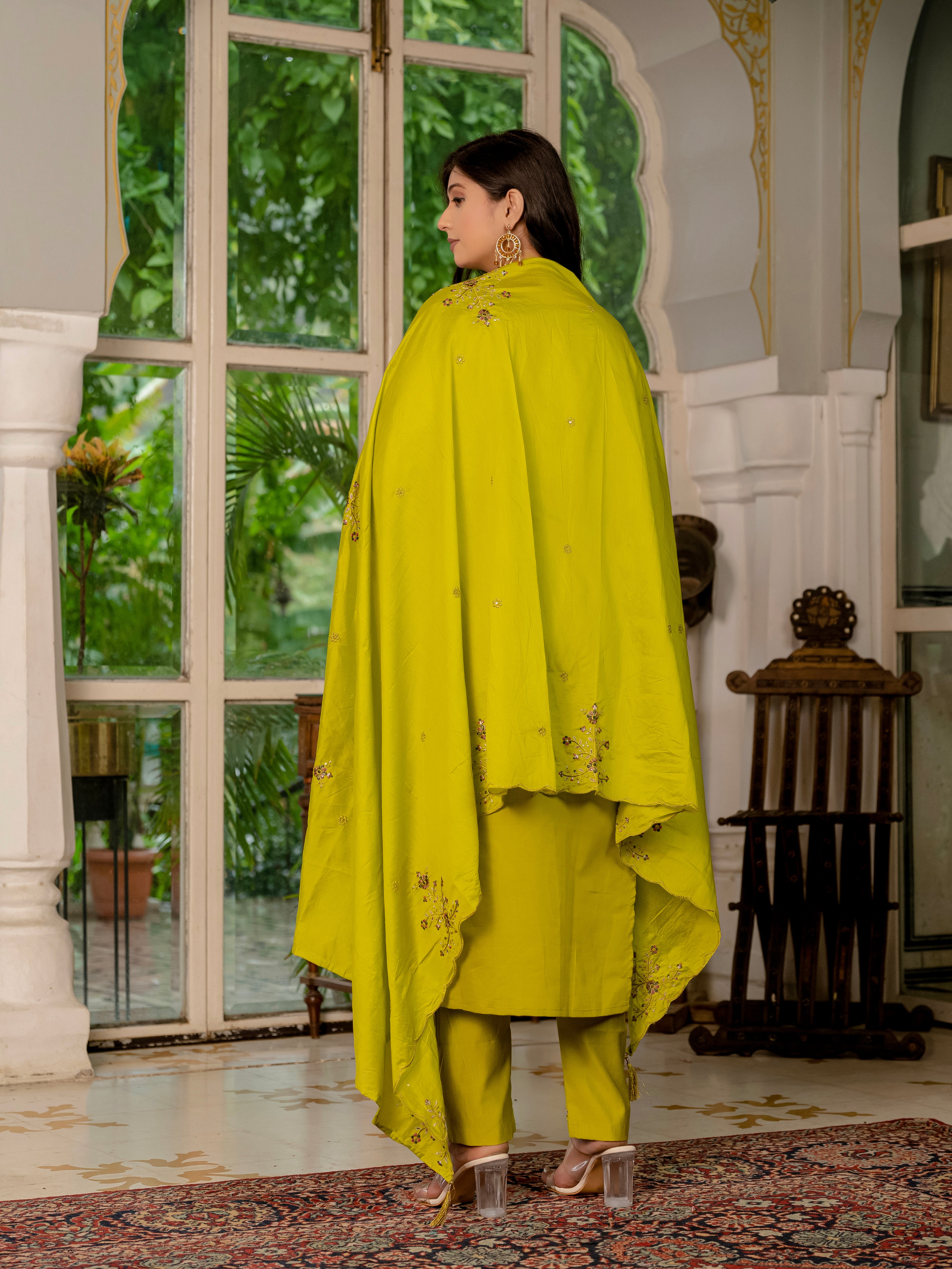 Royal Purple,Perrot,Musted Yellow, Green Embroidered Kurti Pant Dupatta Set | Premium Festive Wear