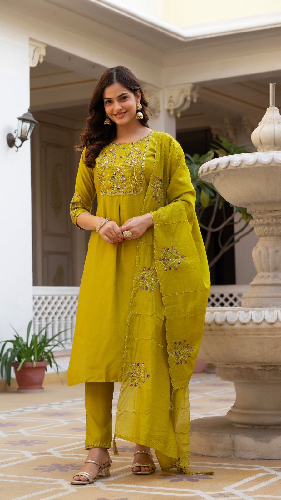 Embroidered Kurti Pant Set with Dupatta – Festive Wear for Women