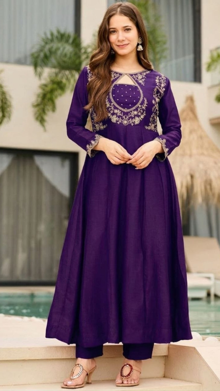 Women Embroidered Vichitra Anarkali Suit Set with Dupatta – Festive Ethnic Wear