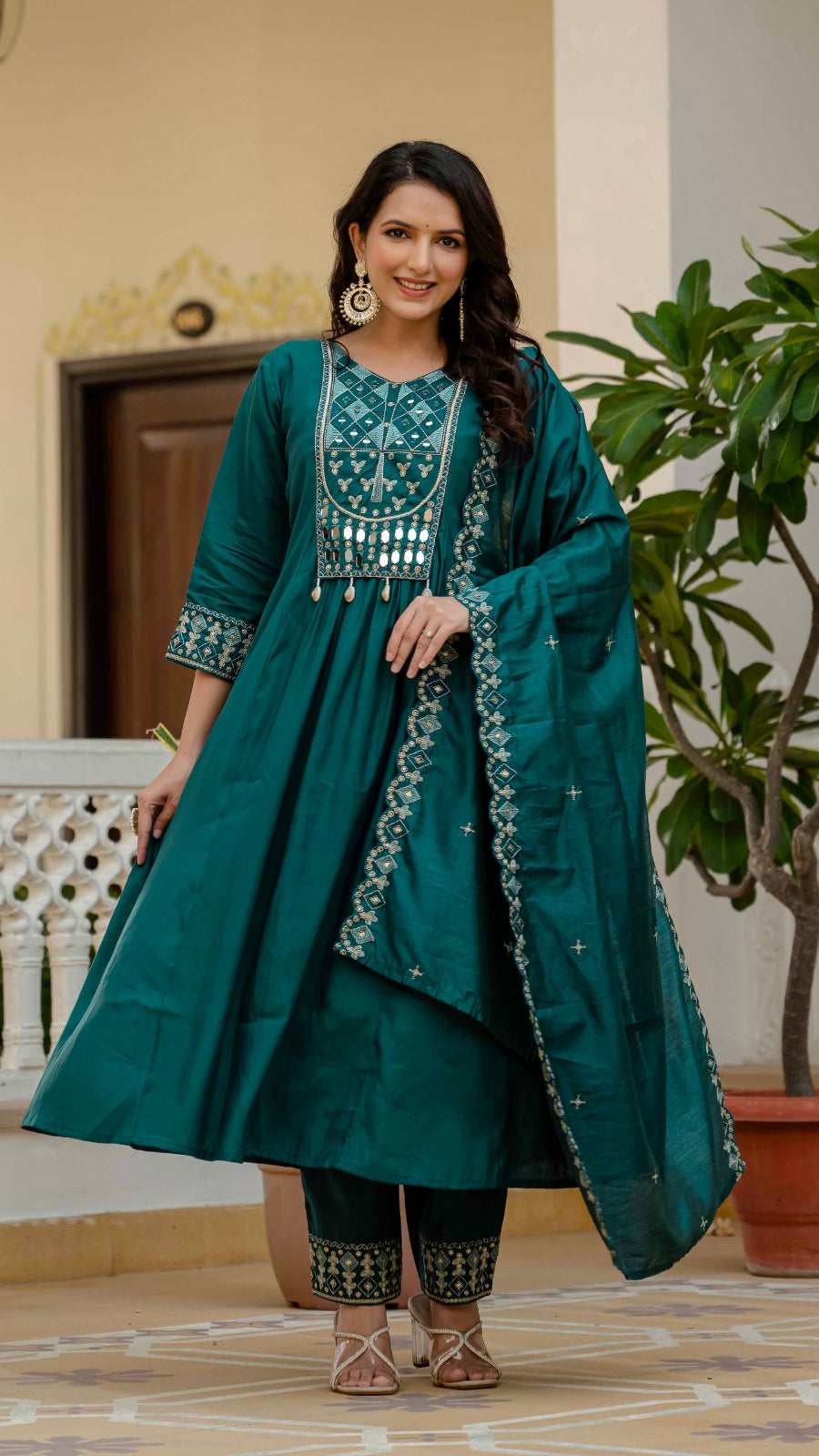 Luxury Anarkali Kurti Set with Real Mirror Work | Viscose Roman Silk Festive Suit with Chanderi Dupatta