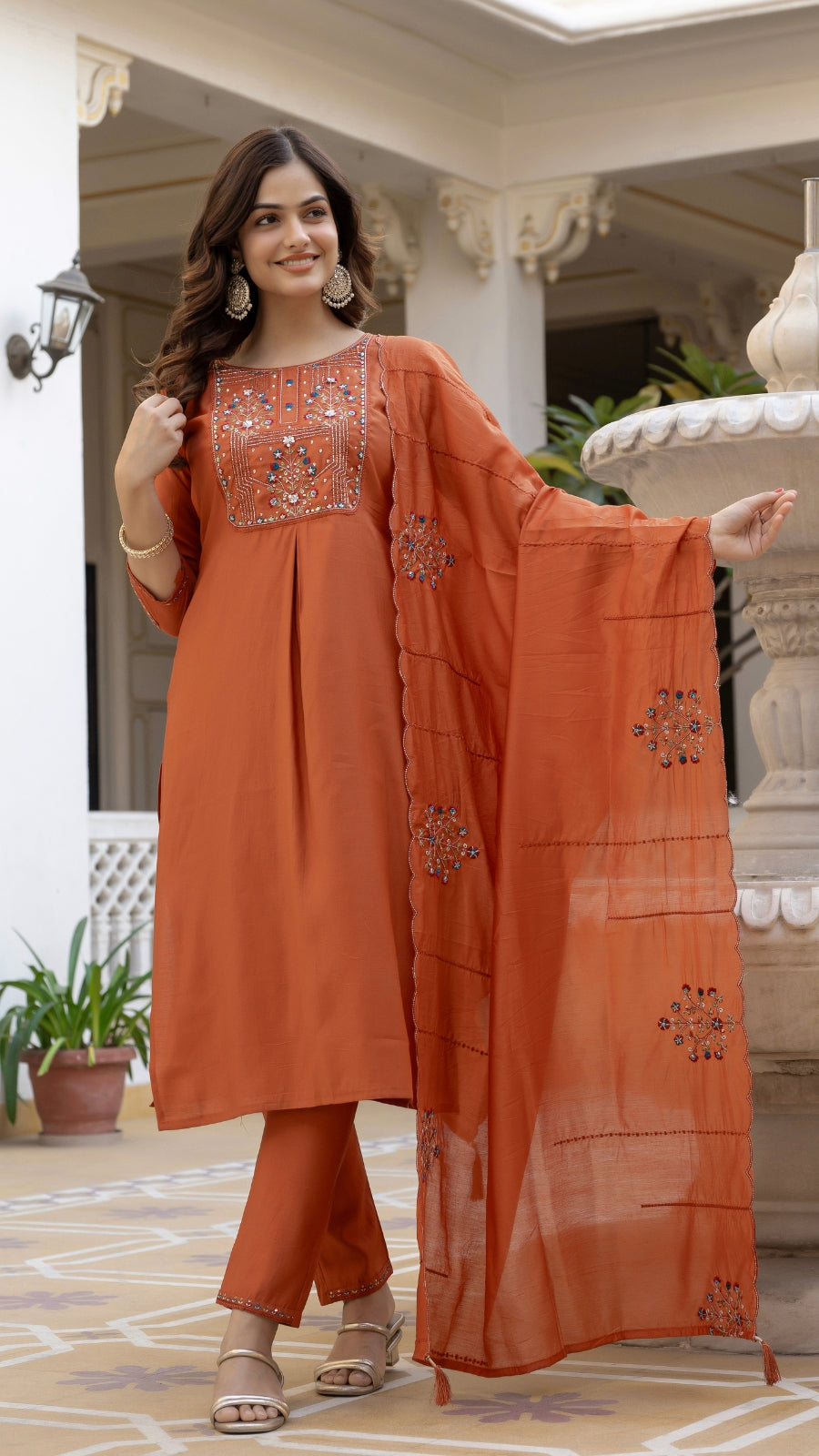 Embroidered Kurti Pant Set with Dupatta – Festive Wear for Women