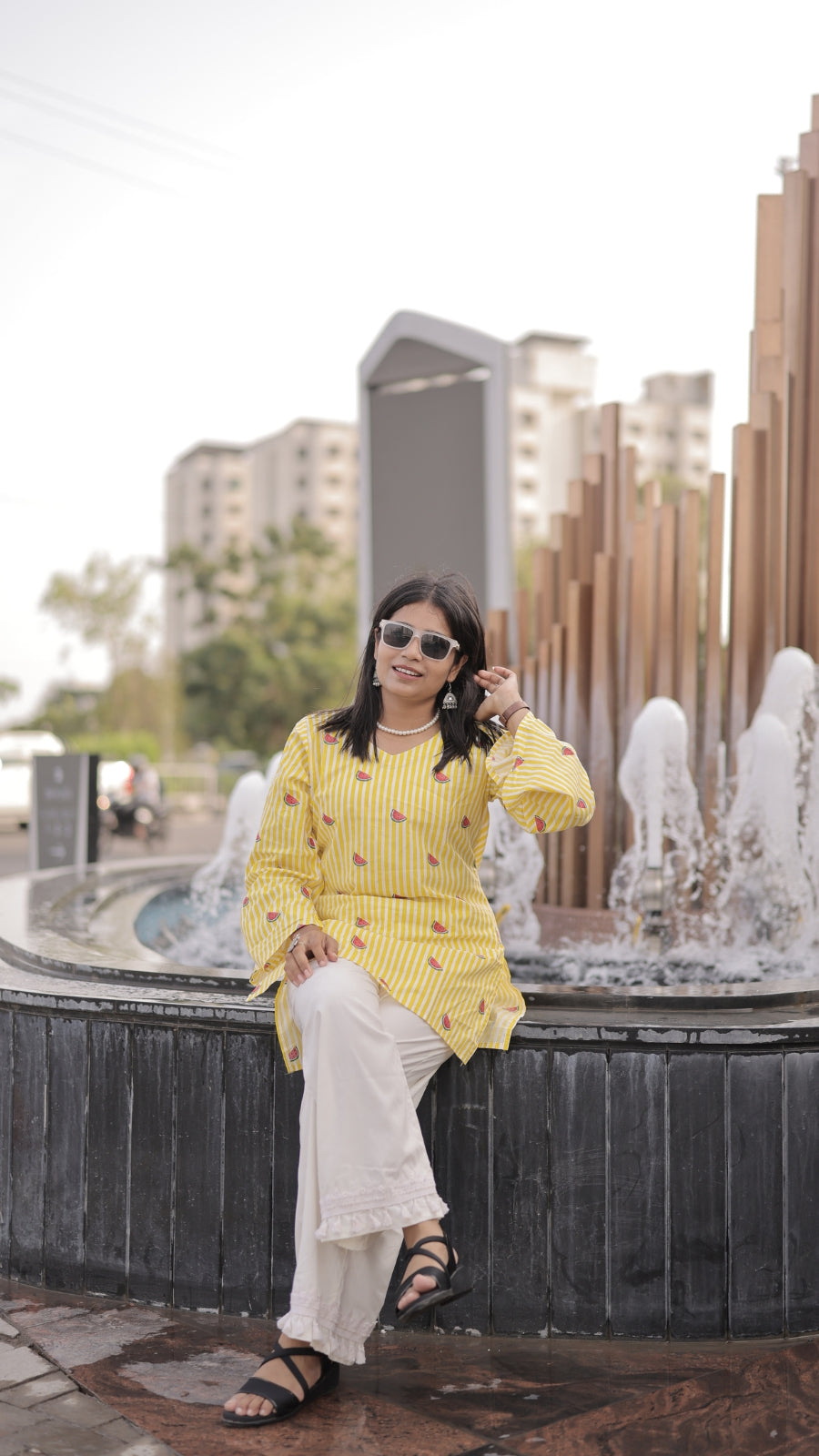 Women’s Yellow Striped Printed Bell Sleeve Kurta with Heavy Rayon Palazzo Set
