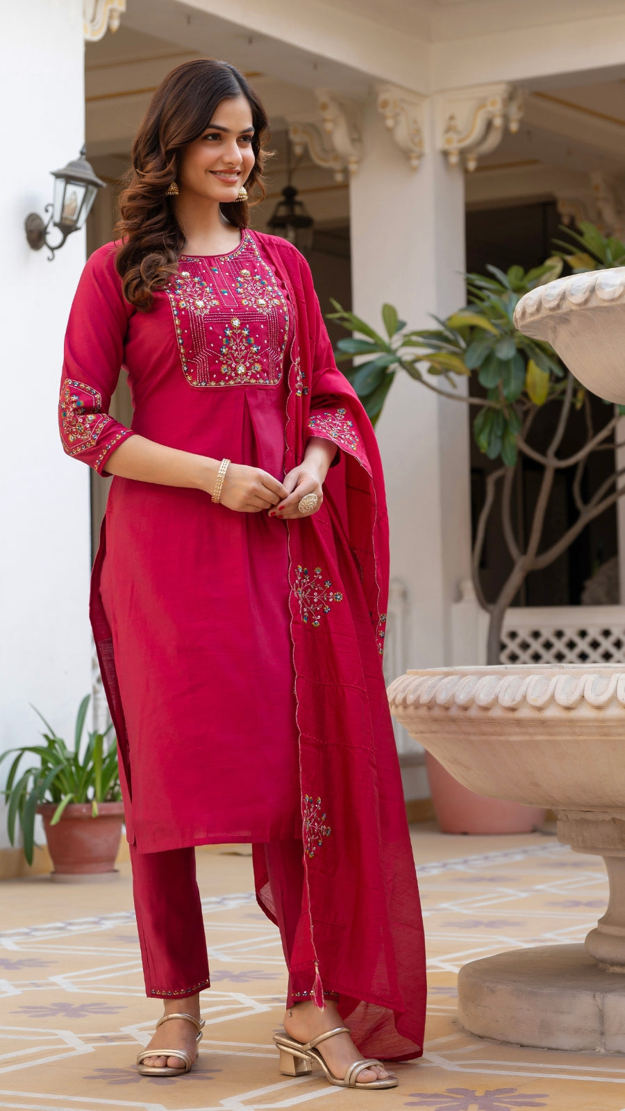 Embroidered Kurti Pant Set with Dupatta – Festive Wear for Women