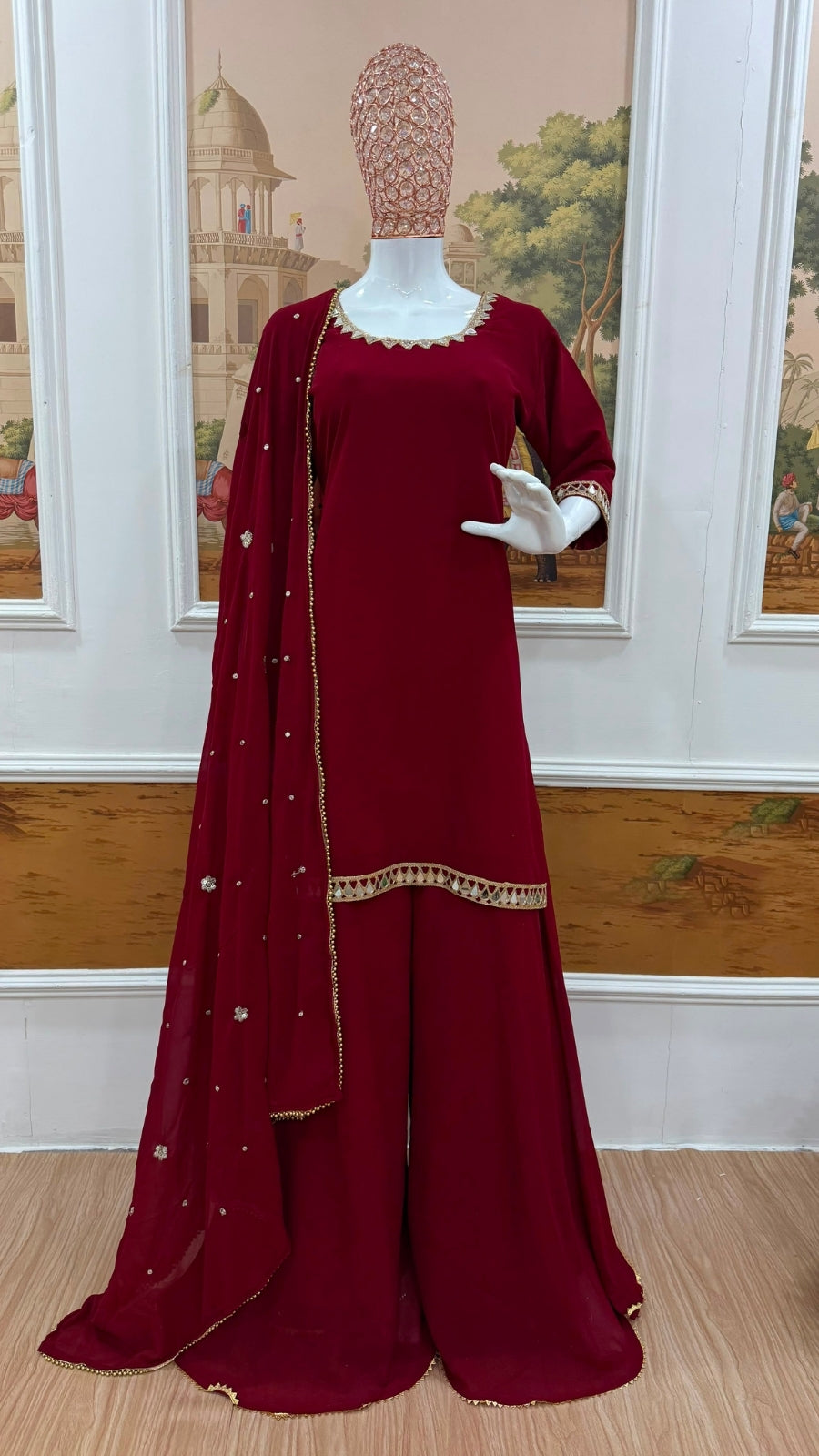 Women’s Heavy 3 Piece Faux Georgette Suit Set with Real Mirror Work, Embroidered Dupatta & Palazzo
