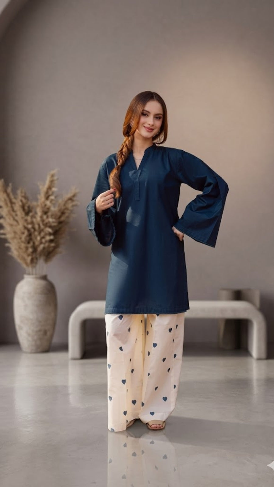 Luxury Cotton Co-Ord Set for Women | Elegant Kurti with Heart Print Palazzo | Premium Casual Wear