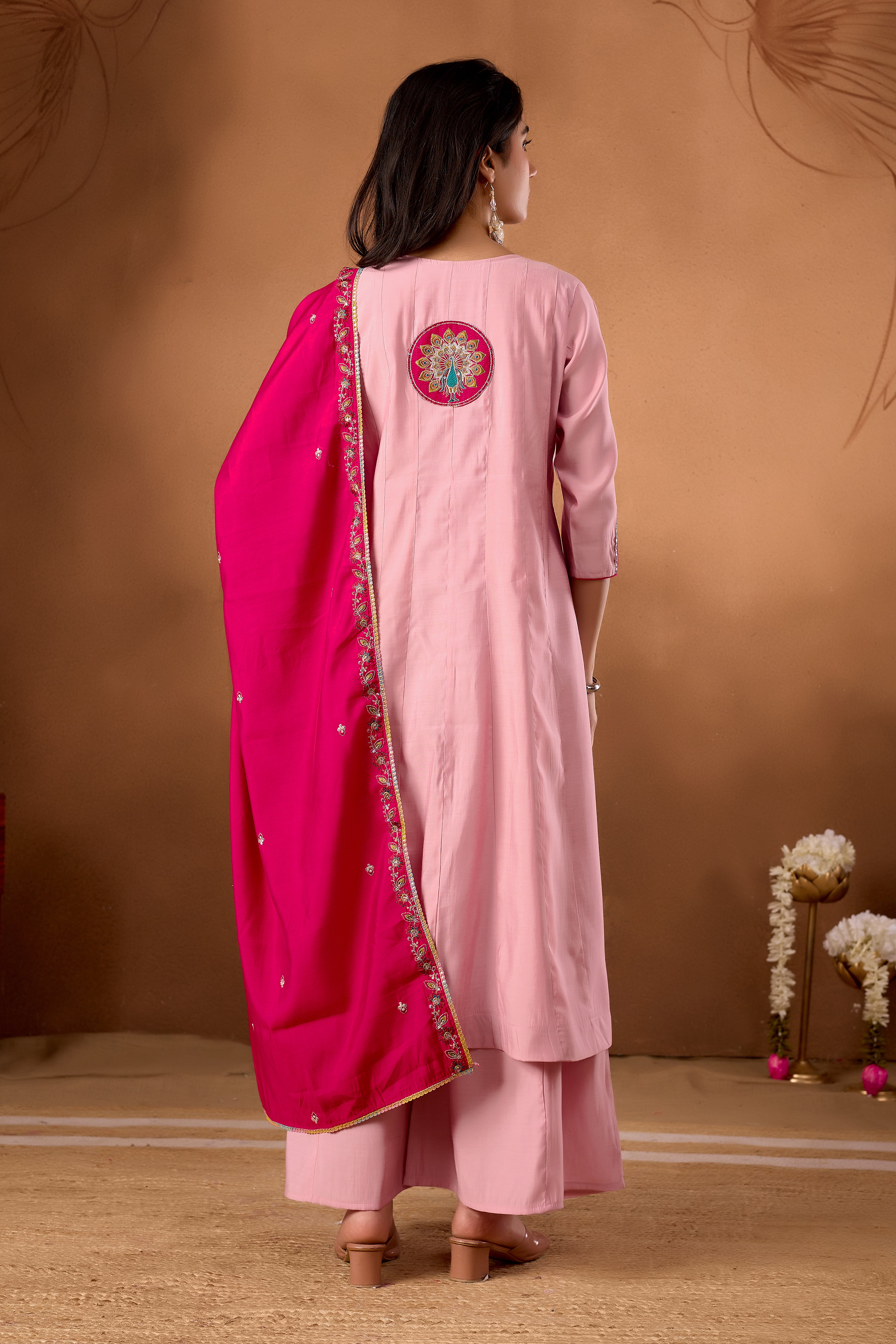 Anarkali Kurti Plazo Dupatta Set – Premium Roman Silk Embroidery Festive Wear