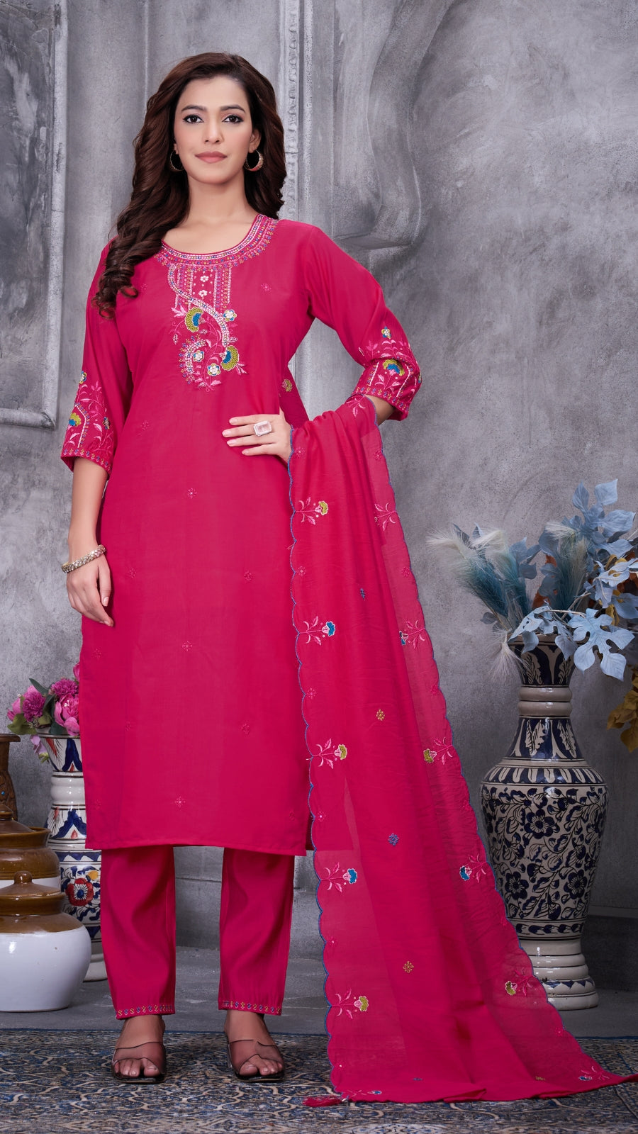 Elegant Embroidered Roman Silk Kurti Pant Set with Dupatta | Festive & Ethnic Wear for Women