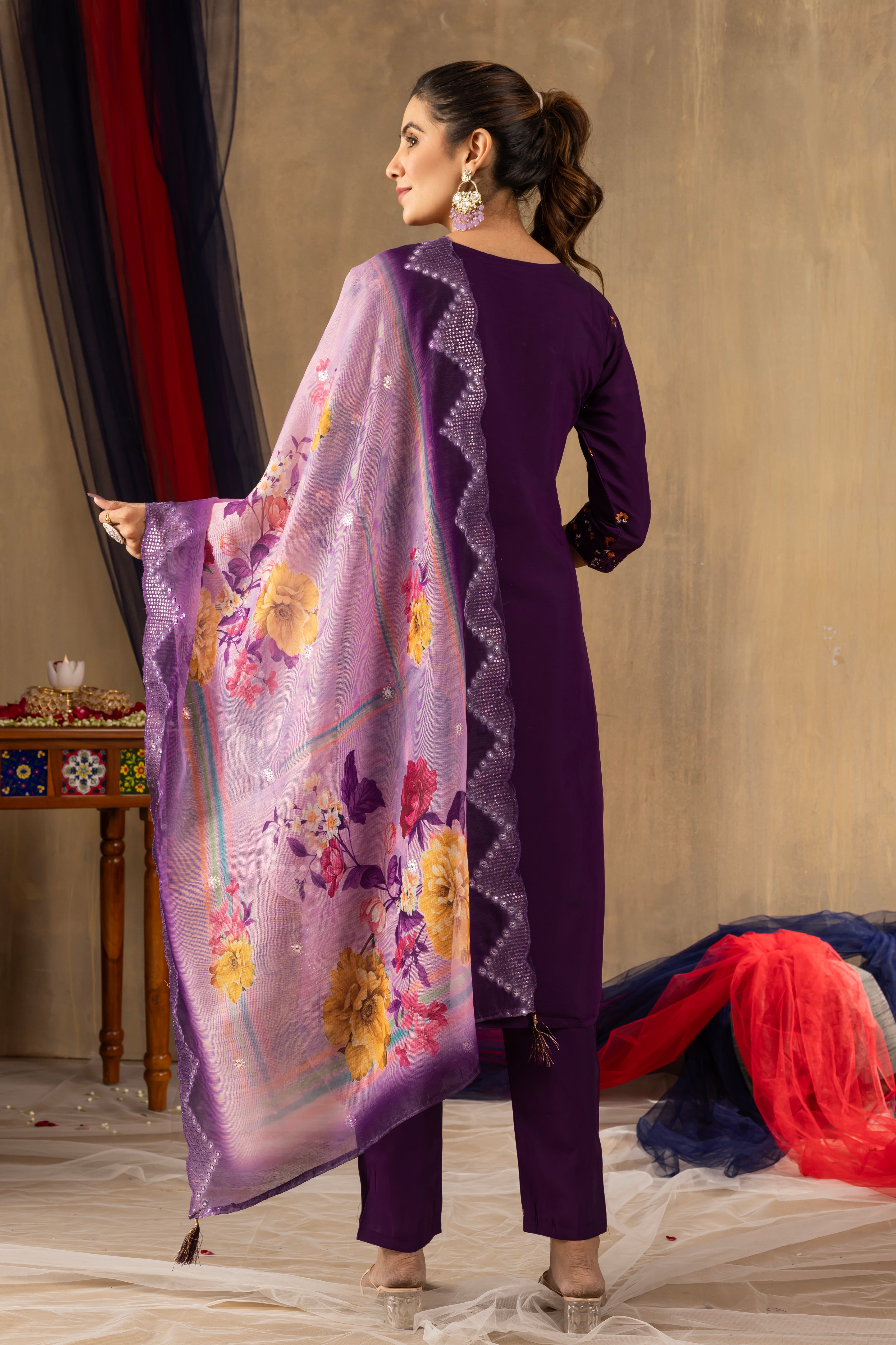 Black ,purple, Rama color Embroidered Kurti Pant Dupatta Set | Premium Ethnic Wear for Women