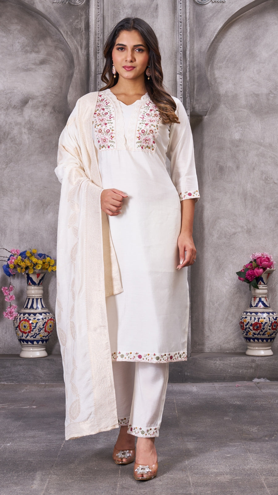 Luxury Roman Silk Embroidered Kurta Set with Dupatta | Festive & Wedding Wear Suit for Women
