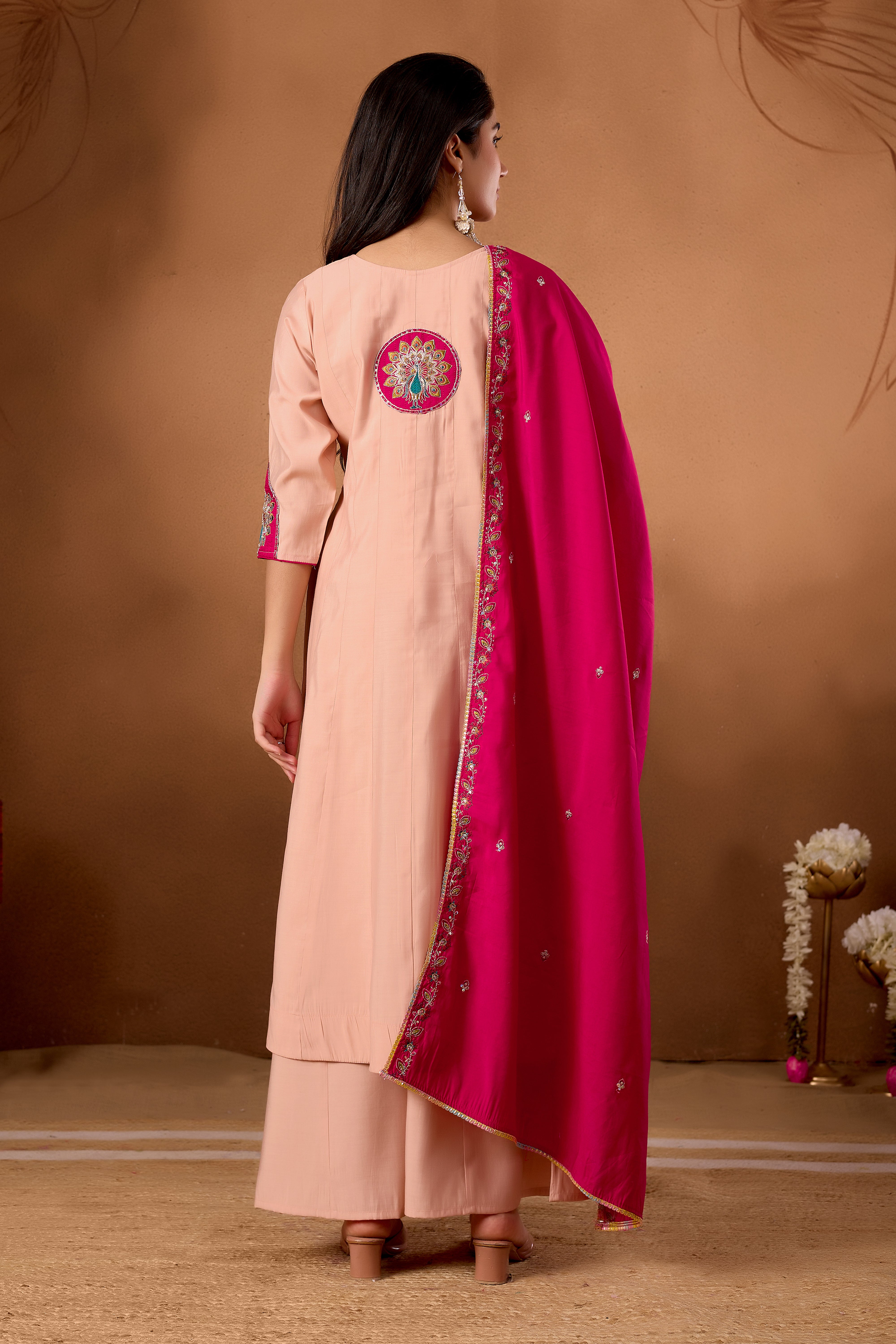Anarkali Kurti Plazo Dupatta Set – Premium Roman Silk Embroidery Festive Wear
