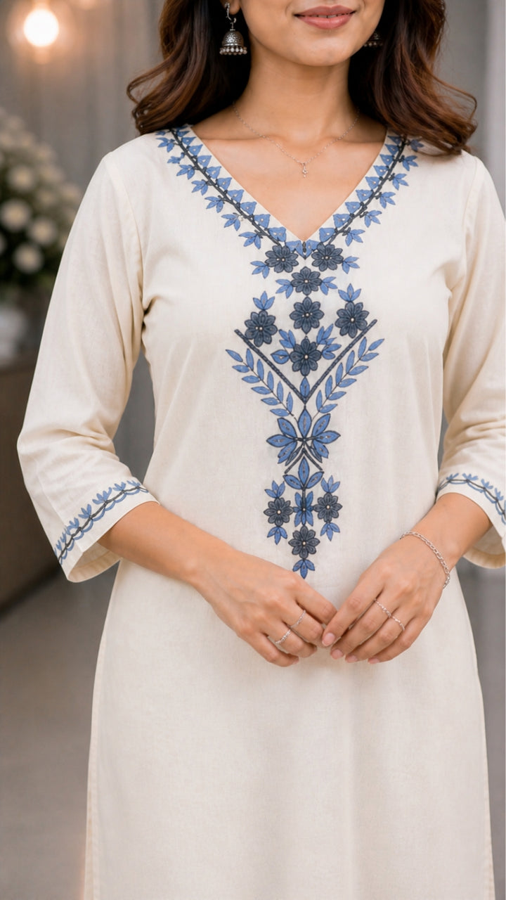 Elegant Khadi Cotton Kurta Pant Dupatta Set for Women | Embroidered Straight Kurti Set | Cream Ethnic Wear