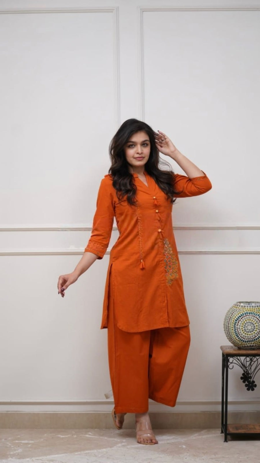 Premium Pure Cotton Embroidered Coord Set for Women | Stylish Kurti Pant Set | Rust & Blue