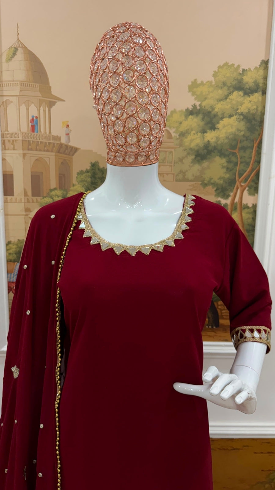 Women’s Heavy 3 Piece Faux Georgette Suit Set with Real Mirror Work, Embroidered Dupatta & Palazzo
