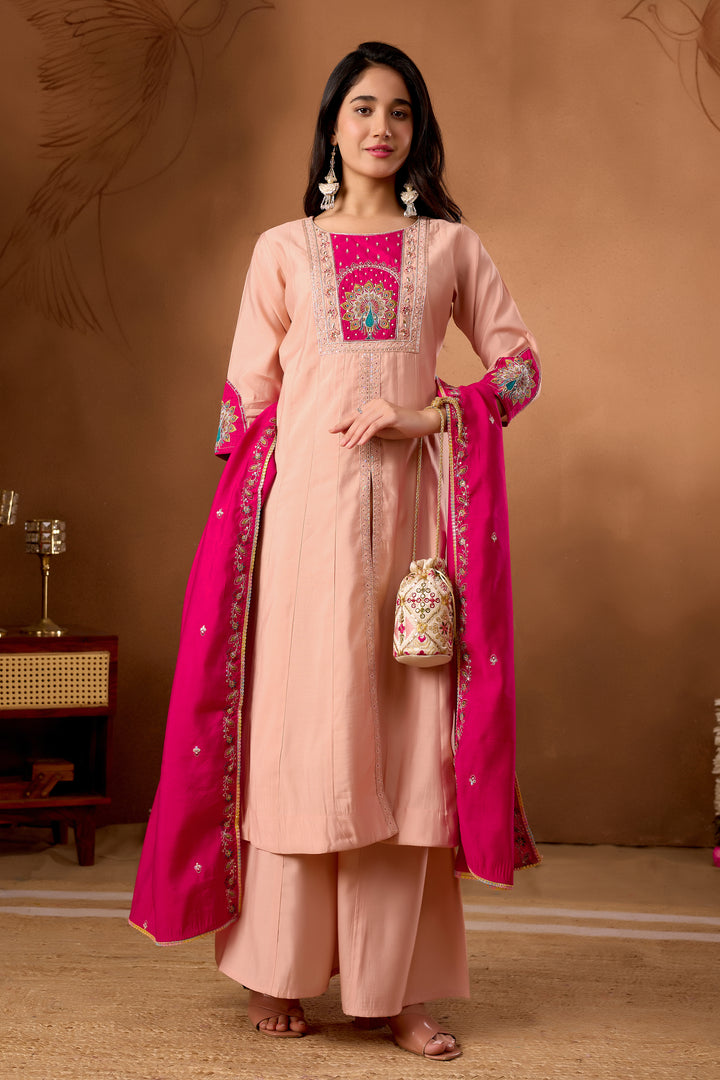 Anarkali Kurti Plazo Dupatta Set – Premium Roman Silk Embroidery Festive Wear