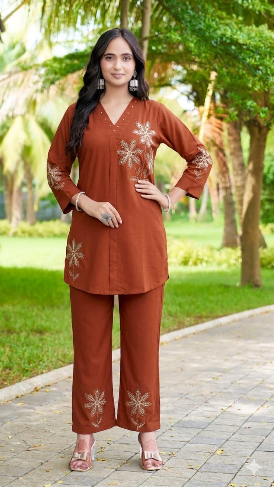 Women Brown Embroidered Co-Ord Set | Rayon Kurti & Straight Pant Set (M to 3XL)