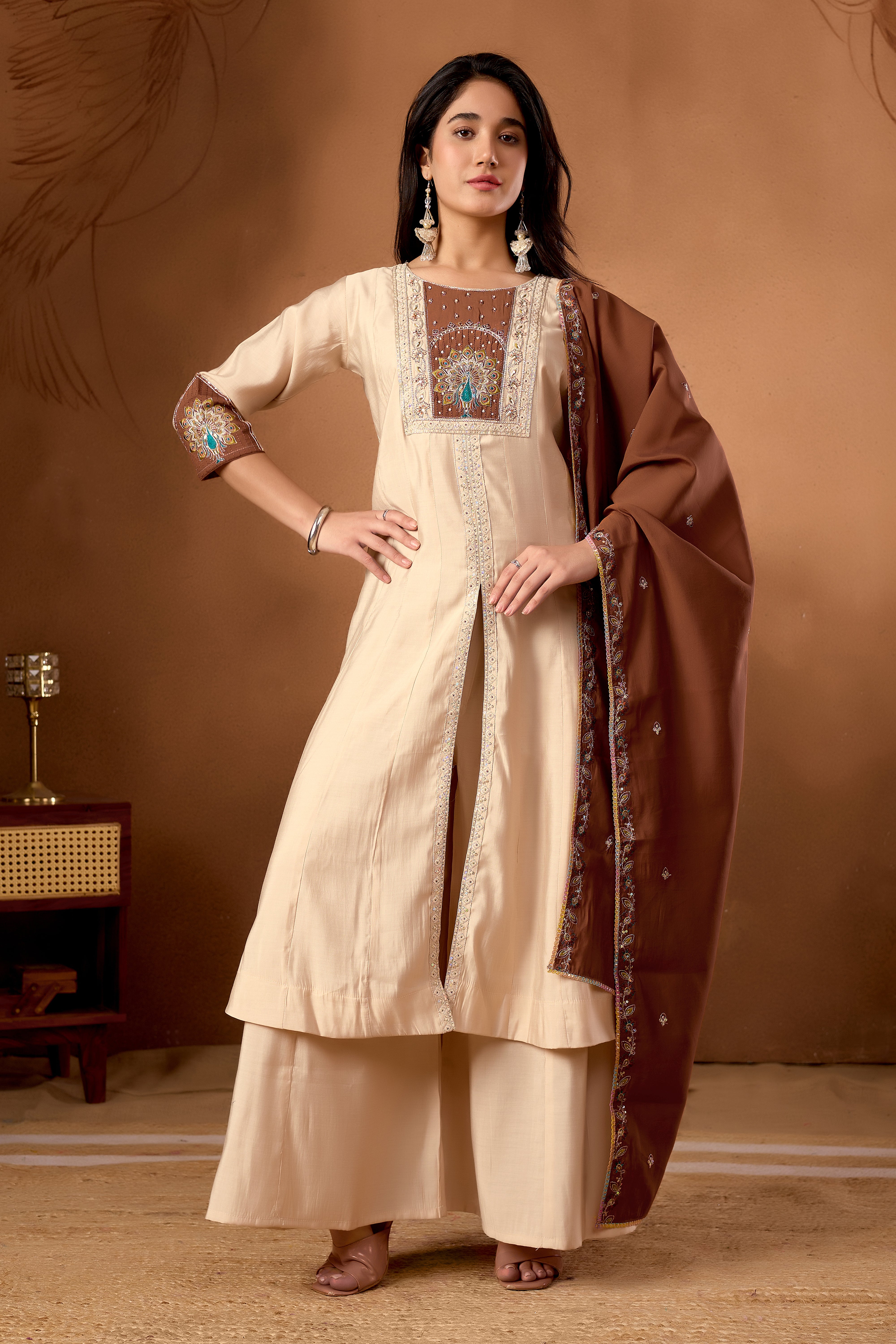 Anarkali Kurti Plazo Dupatta Set – Premium Roman Silk Embroidery Festive Wear
