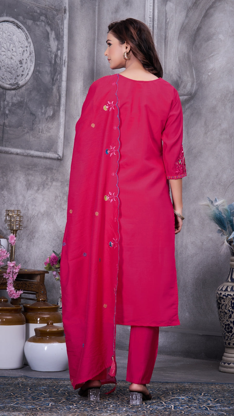 Elegant Embroidered Roman Silk Kurti Pant Set with Dupatta | Festive & Ethnic Wear for Women