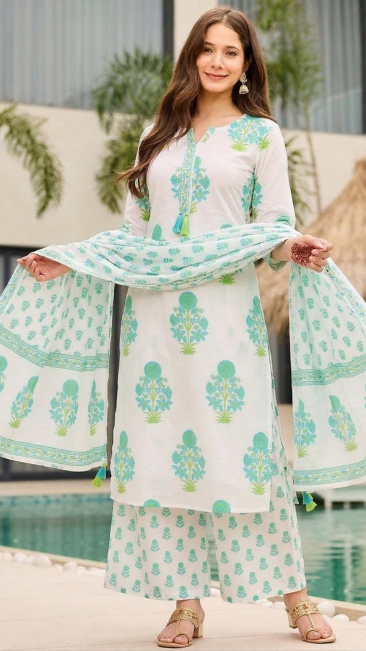 Women’s Printed Rayon Straight Kurta Pant Dupatta Set | Elegant Ethnic Wear Suit Set for Festive & Casual Wear