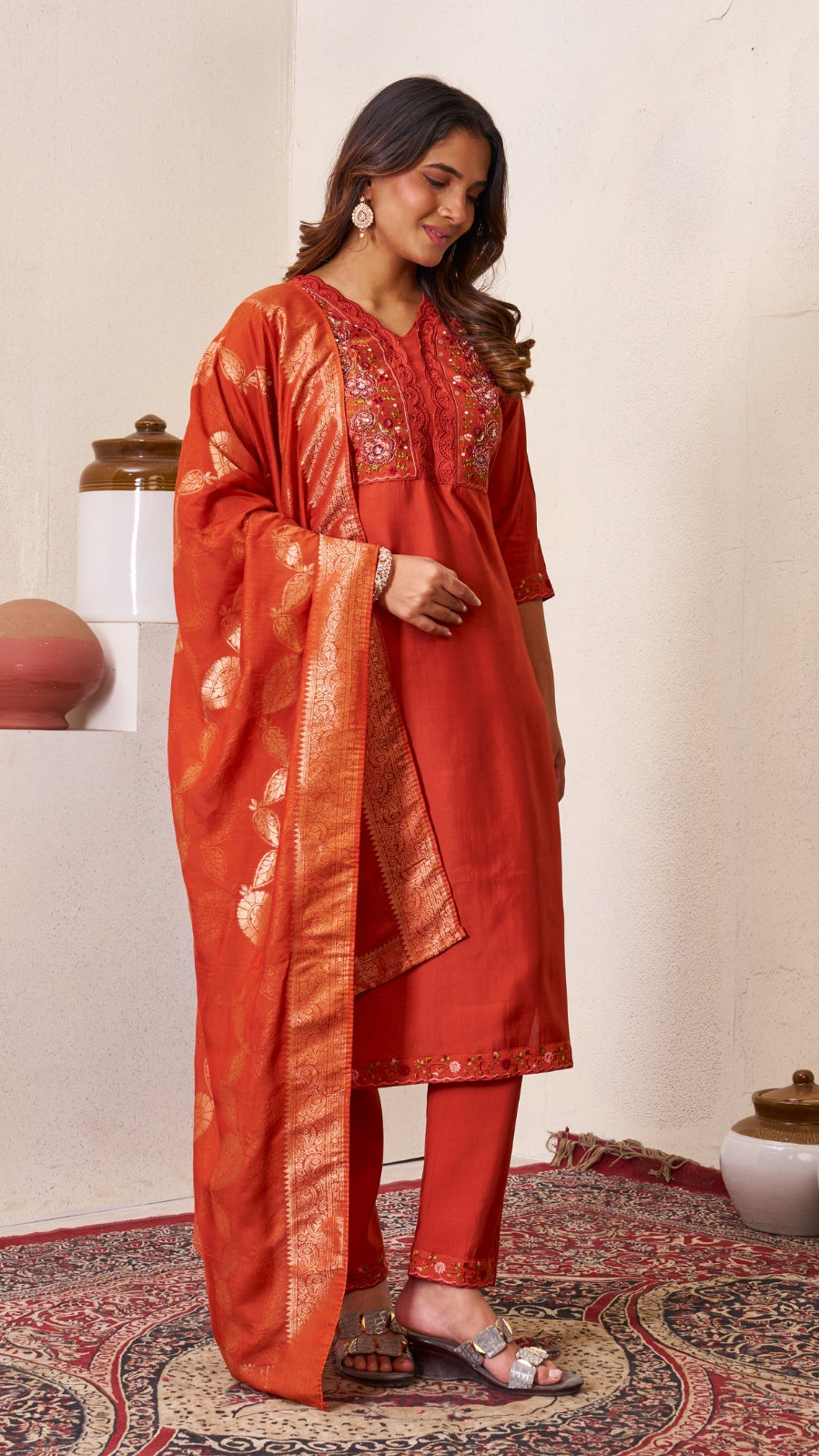 Luxury Roman Silk Embroidered Kurta Set with Dupatta | Festive & Wedding Wear Suit for Women