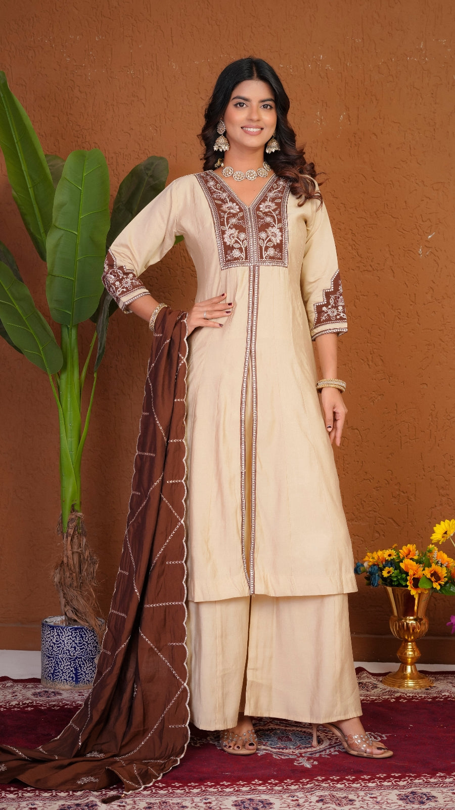 Premium Roman Silk Embroidered Anarkali Kurti Set with Dupatta | Festive Wear Ethnic Suit for Women