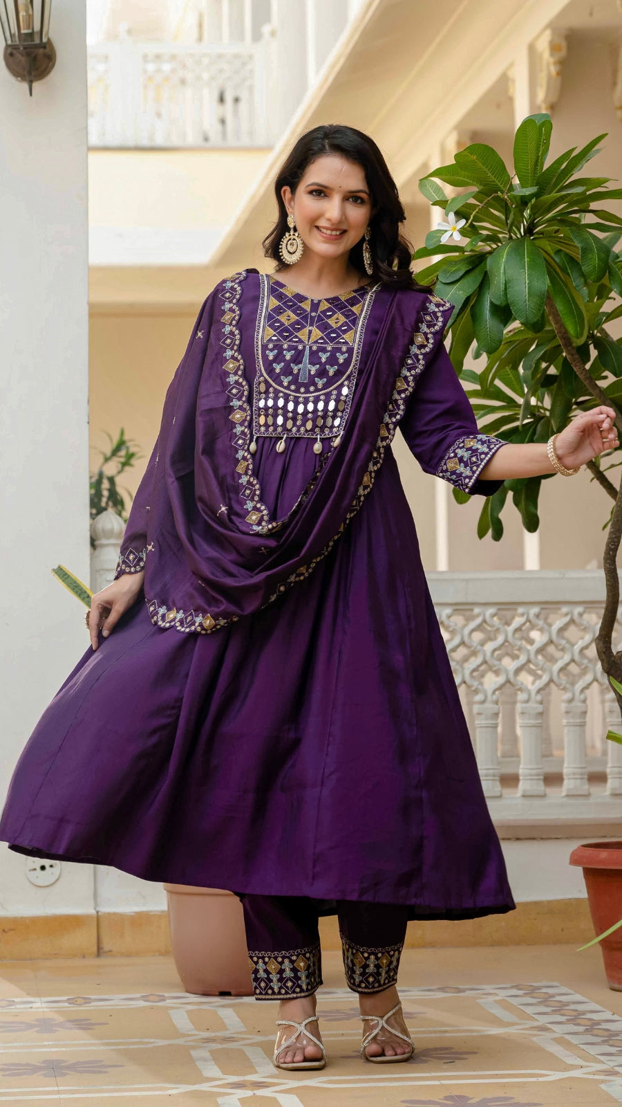 Luxury Anarkali Kurti Set with Real Mirror Work | Viscose Roman Silk Festive Suit with Chanderi Dupatta