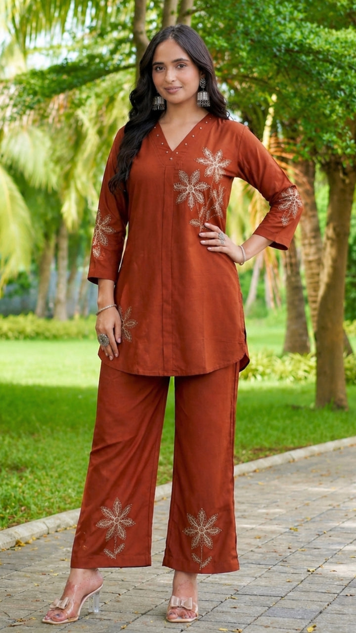 Women Brown Embroidered Co-Ord Set | Rayon Kurti & Straight Pant Set (M to 3XL)