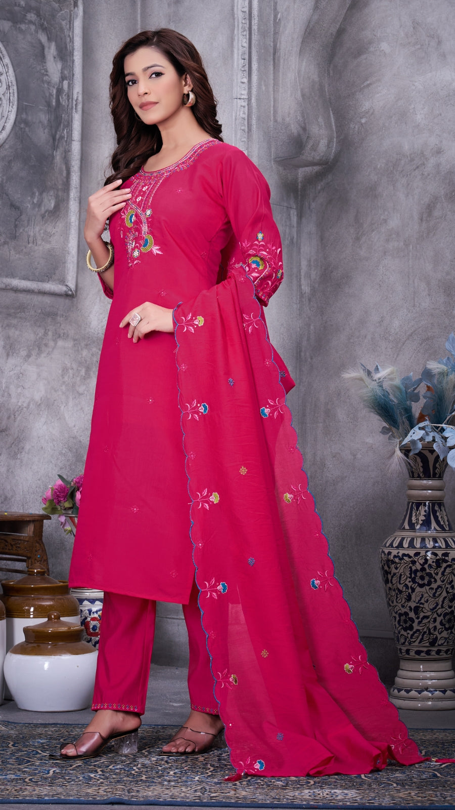 Elegant Embroidered Roman Silk Kurti Pant Set with Dupatta | Festive & Ethnic Wear for Women