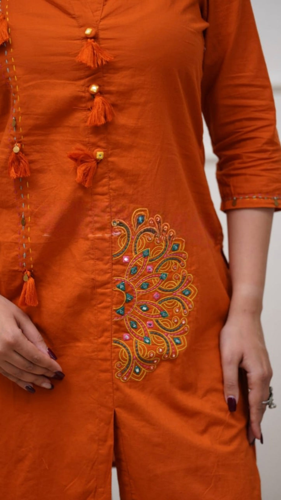 Premium Pure Cotton Embroidered Coord Set for Women | Stylish Kurti Pant Set | Rust & Blue