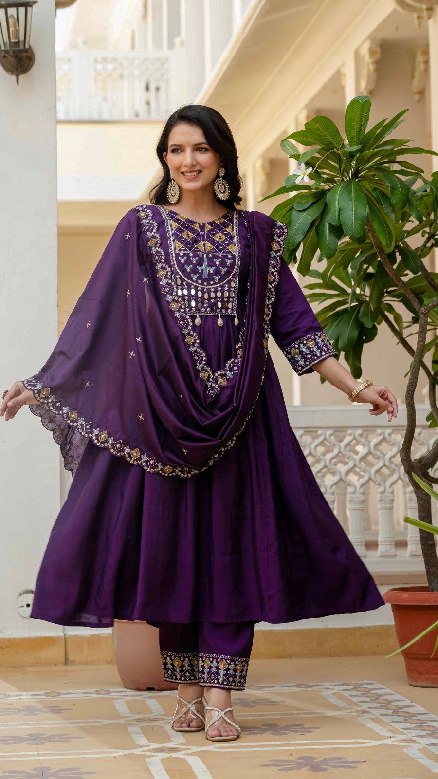 Luxury Anarkali Kurti Set with Real Mirror Work | Viscose Roman Silk Festive Suit with Chanderi Dupatta