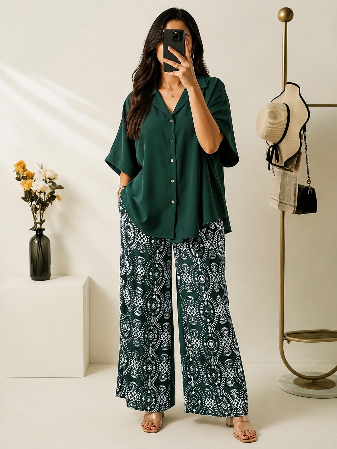 Women's Rayon Shirt Top & Printed Lycra Palazzo Co-Ord Set | Casual Summer Wear | Digital Print | Side Pocket
