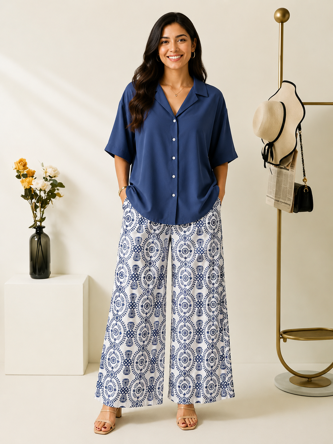 Women's Rayon Shirt Top & Printed Lycra Palazzo Co-Ord Set | Casual Summer Wear | Digital Print | Side Pocket