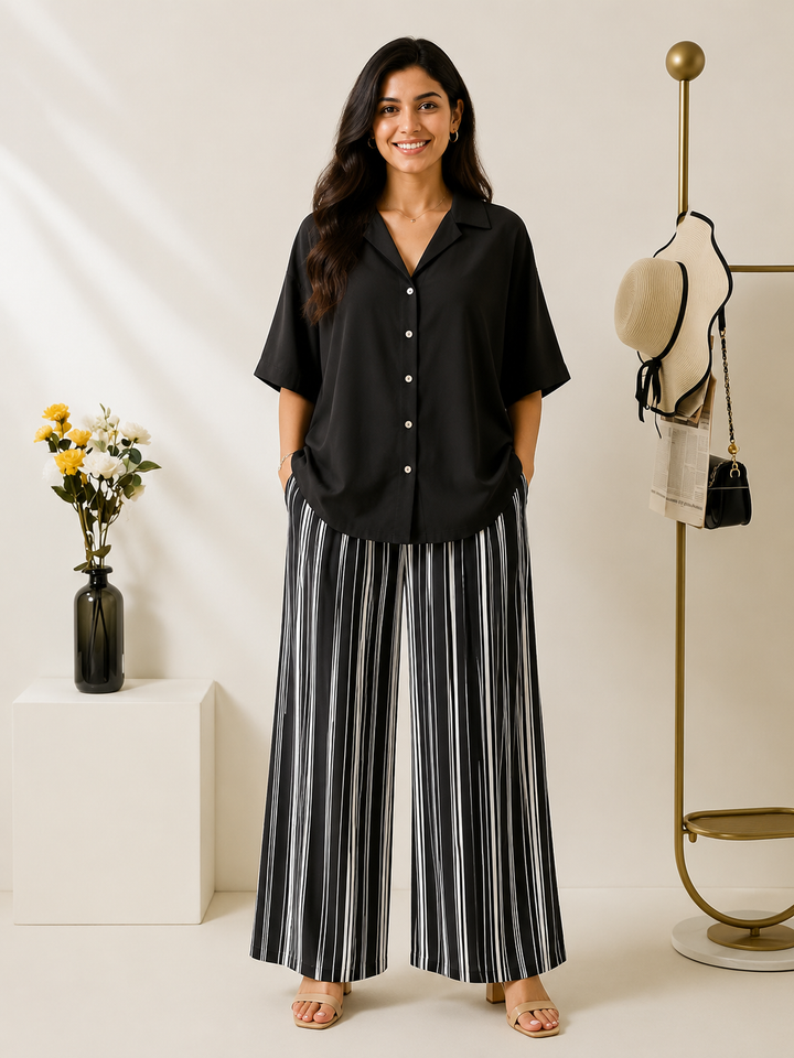 Women's Black Rayon Shirt with Striped Lycra Palazzo Co-Ord Set | Casual Shirt & Palazzo Set | Digital Print | Side Pocket