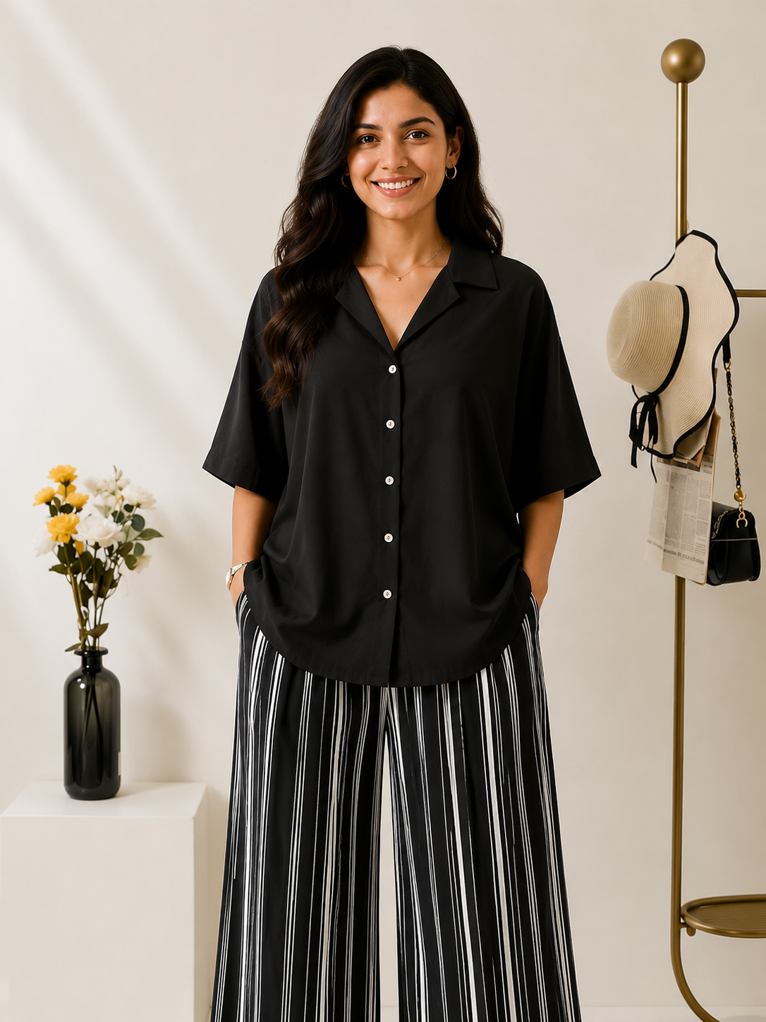 Women's Black Rayon Shirt with Striped Lycra Palazzo Co-Ord Set | Casual Shirt & Palazzo Set | Digital Print | Side Pocket