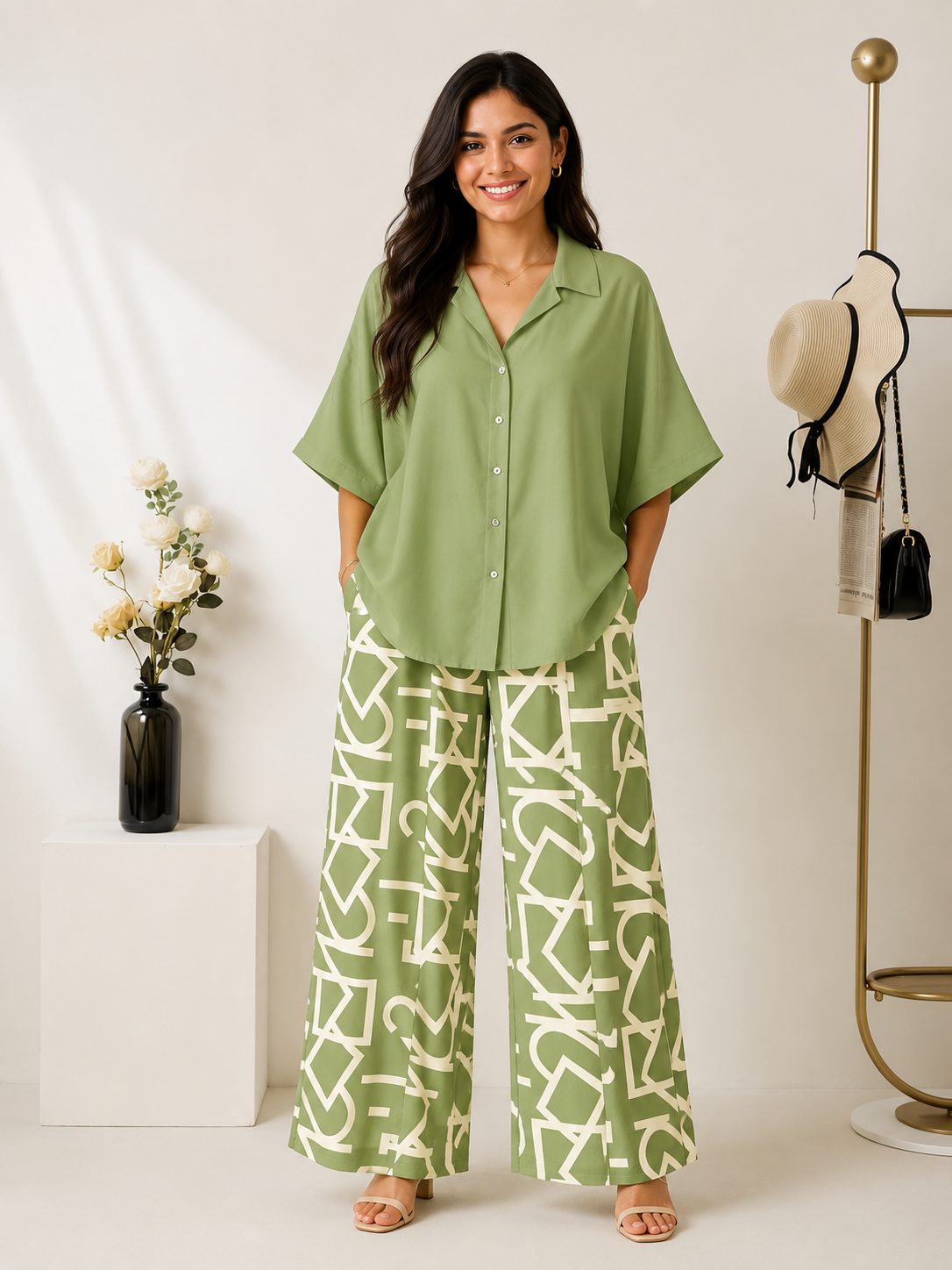 Women's Rayon Co-Ord Set | Solid Button Down Shirt Top & Digital Printed Lycra Palazzo Pant | Casual Lounge Wear | M to XXL