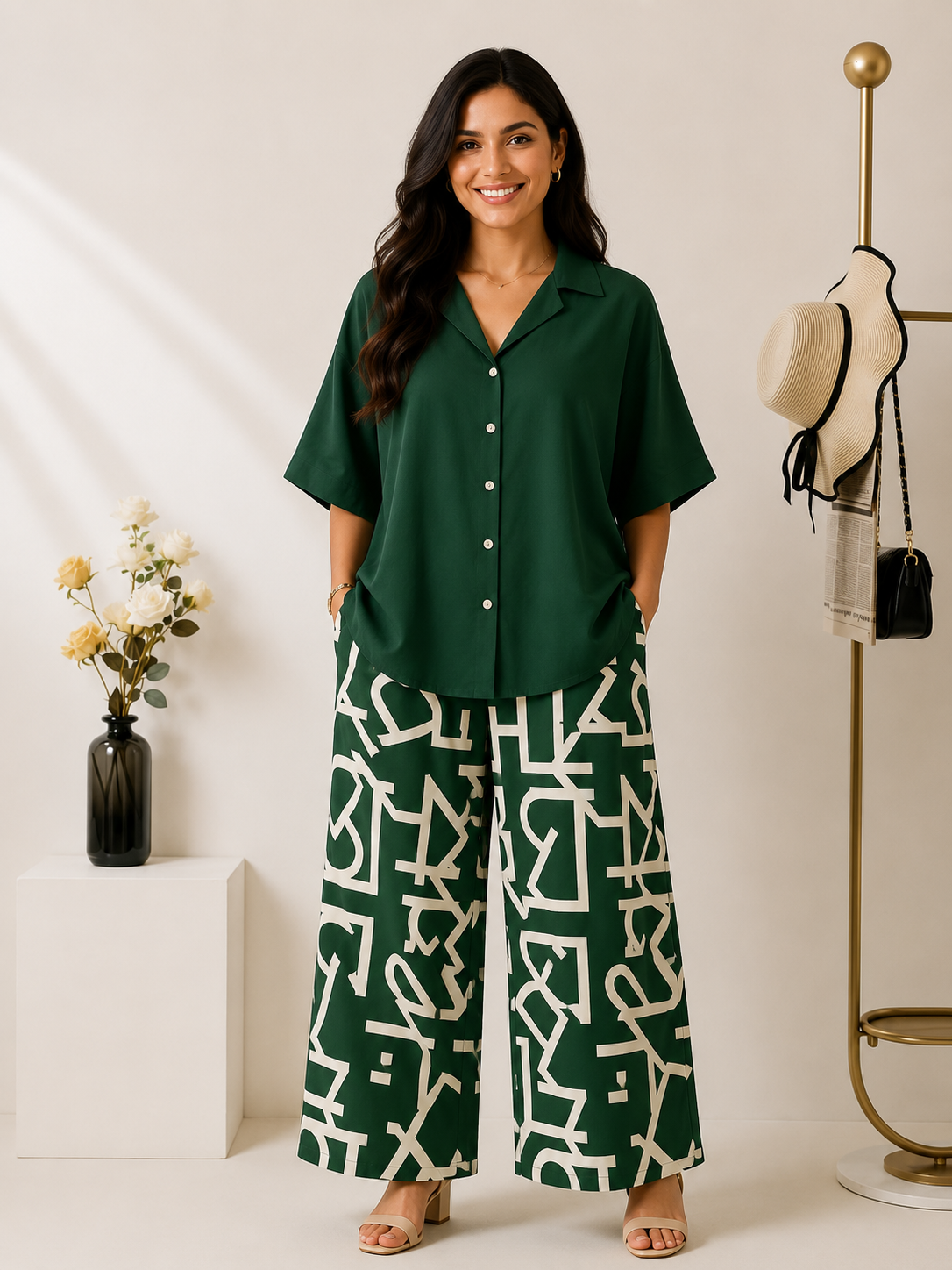 Women's Rayon Co-Ord Set | Solid Button Down Shirt Top & Digital Printed Lycra Palazzo Pant | Casual Lounge Wear | M to XXL
