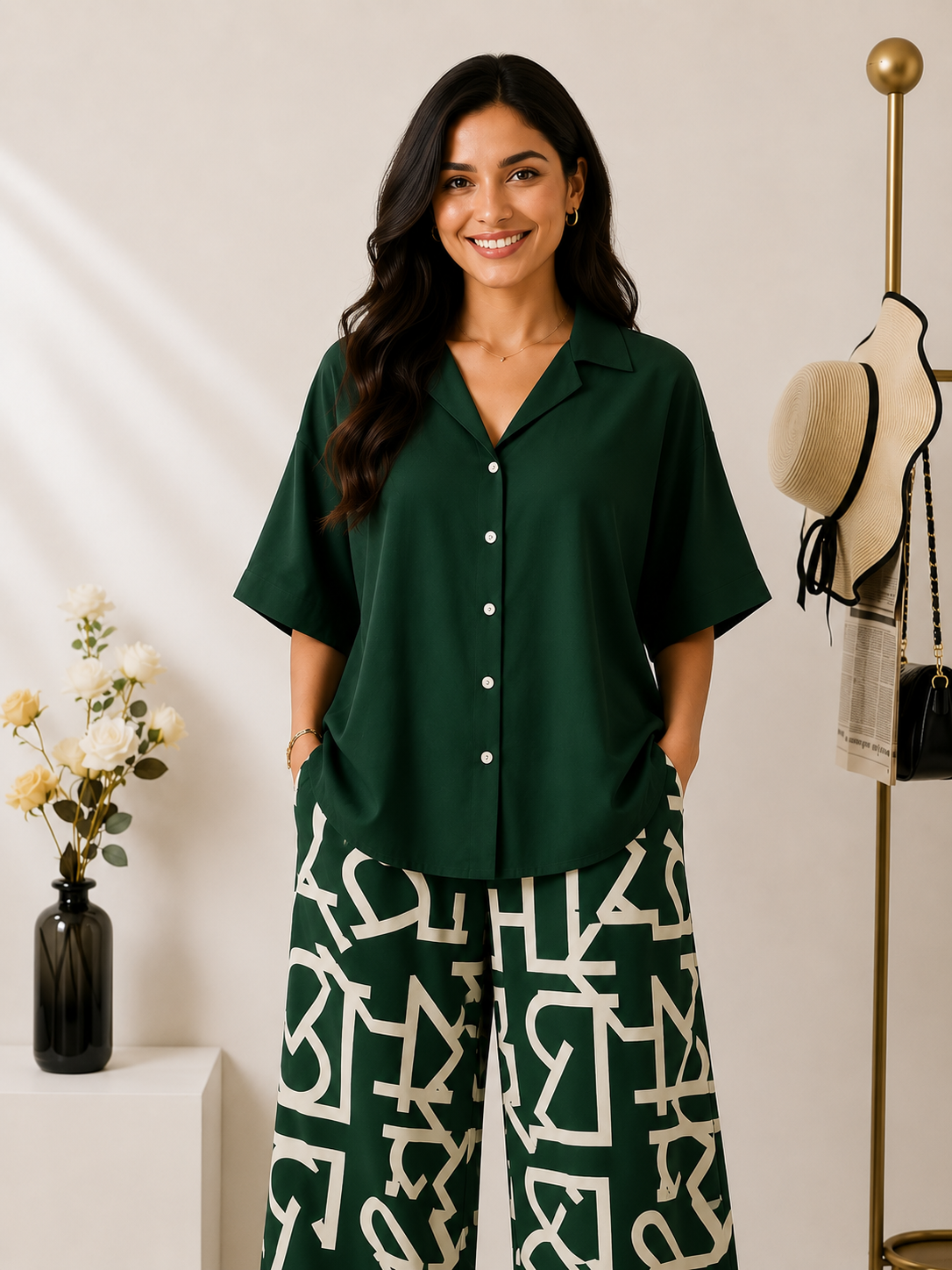 Women's Rayon Co-Ord Set | Solid Button Down Shirt Top & Digital Printed Lycra Palazzo Pant | Casual Lounge Wear | M to XXL