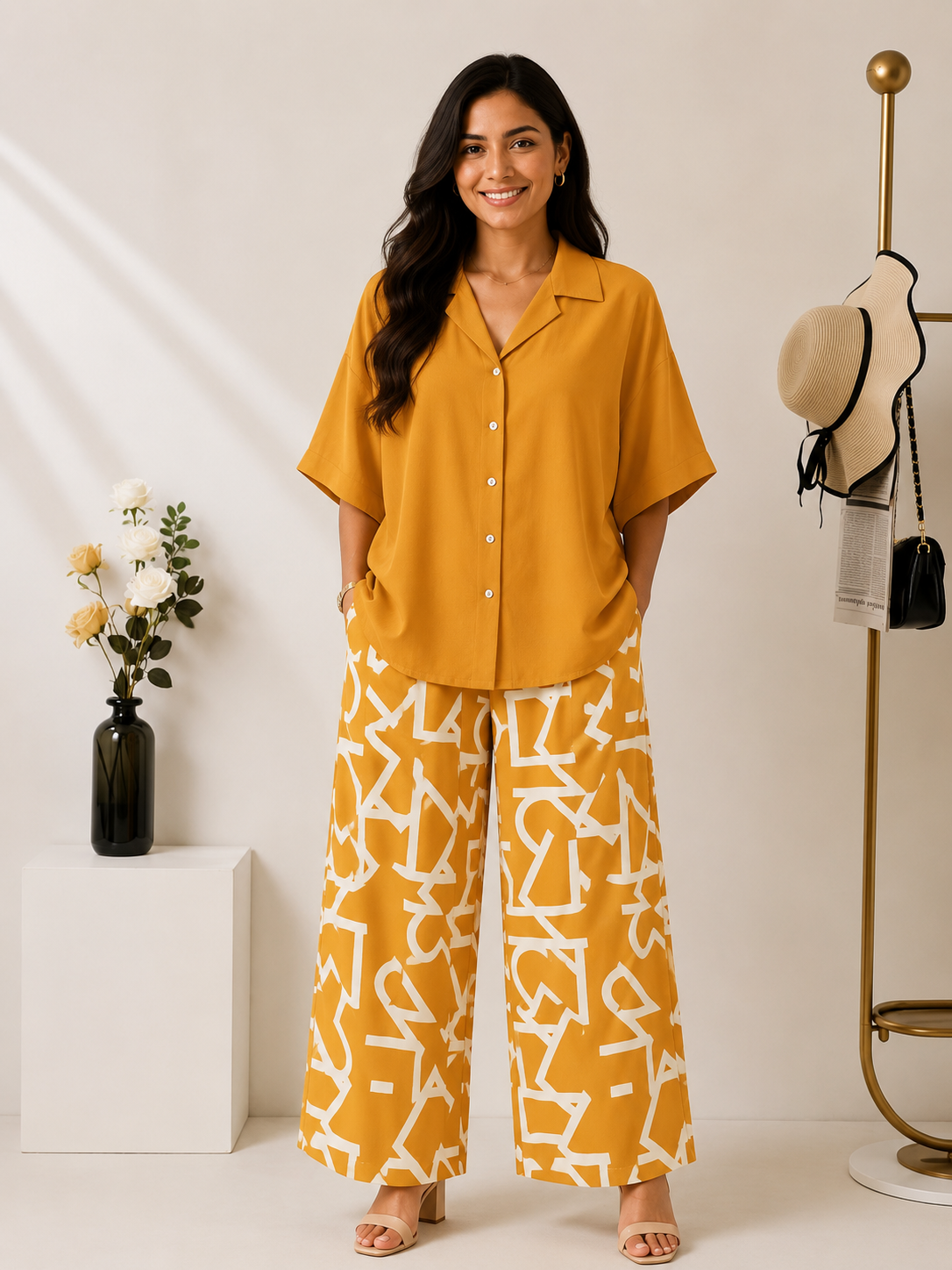 Women's Rayon Co-Ord Set | Solid Button Down Shirt Top & Digital Printed Lycra Palazzo Pant | Casual Lounge Wear | M to XXL