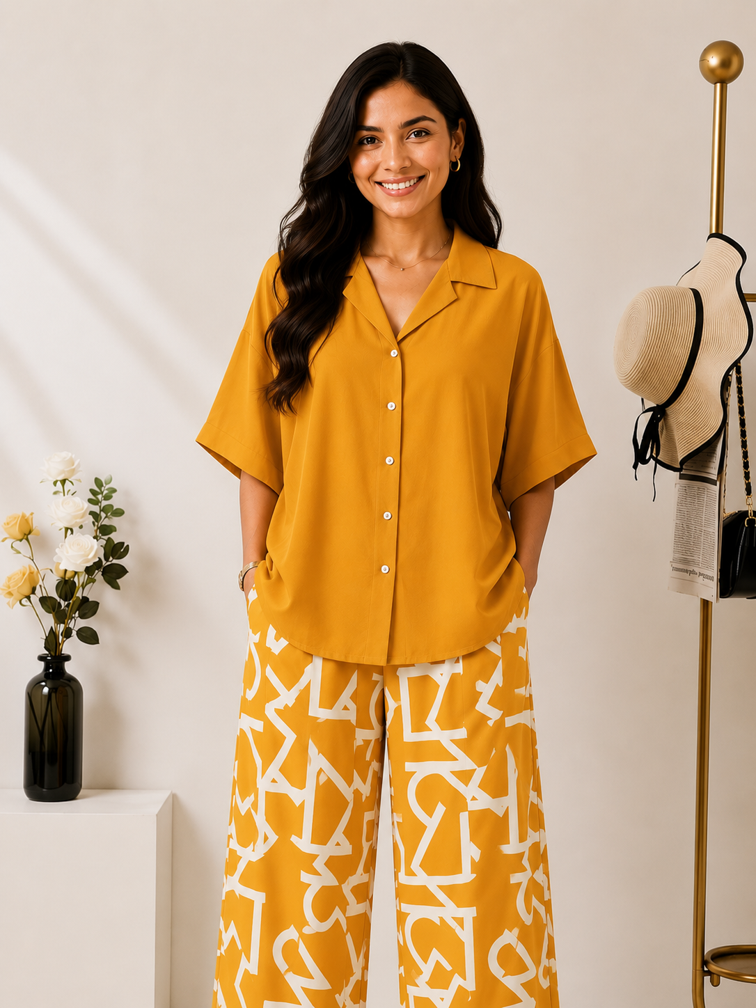 Women's Rayon Co-Ord Set | Solid Button Down Shirt Top & Digital Printed Lycra Palazzo Pant | Casual Lounge Wear | M to XXL