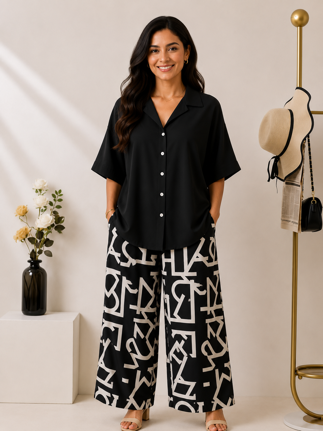 Women's Rayon Co-Ord Set | Solid Button Down Shirt Top & Digital Printed Lycra Palazzo Pant | Casual Lounge Wear | M to XXL