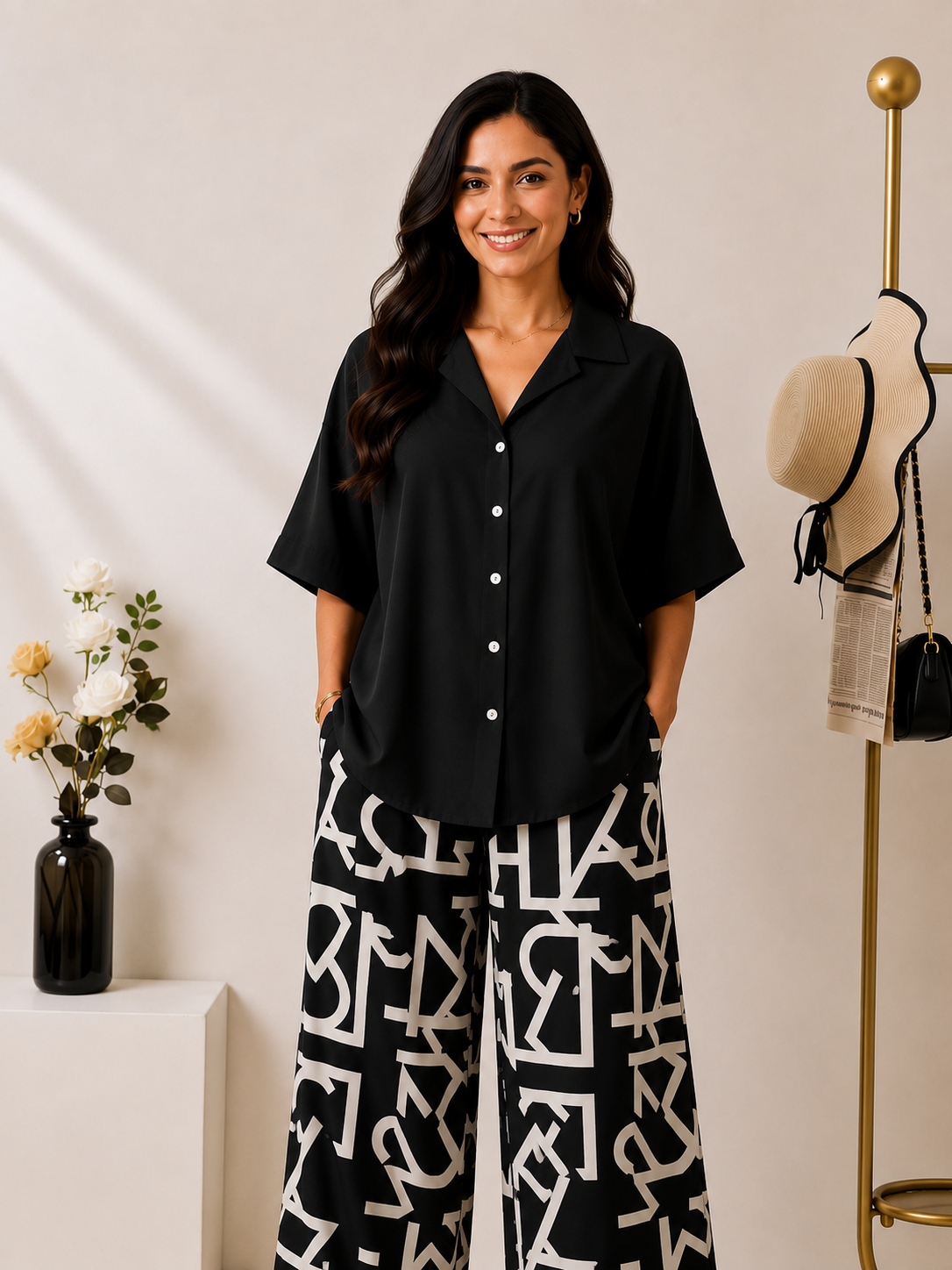 Women's Rayon Co-Ord Set | Solid Button Down Shirt Top & Digital Printed Lycra Palazzo Pant | Casual Lounge Wear | M to XXL