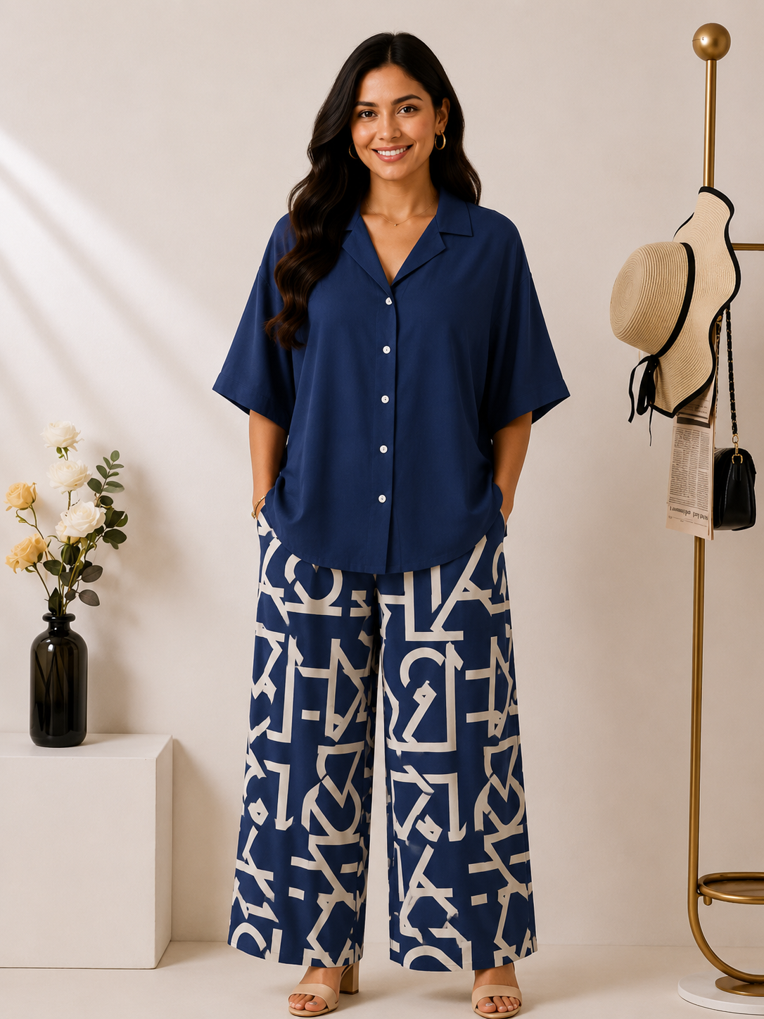 Women's Rayon Co-Ord Set | Solid Button Down Shirt Top & Digital Printed Lycra Palazzo Pant | Casual Lounge Wear | M to XXL