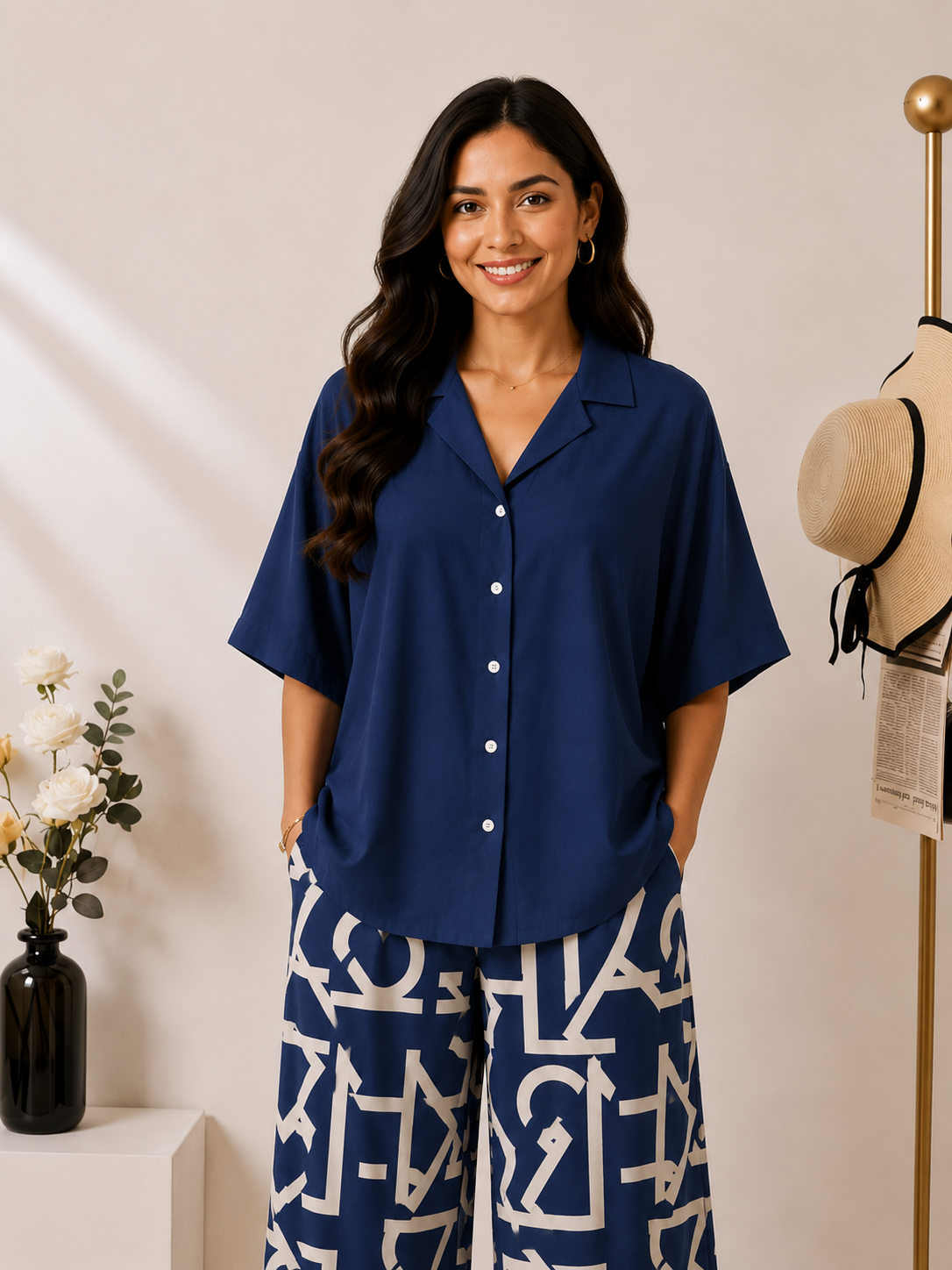 Women's Rayon Co-Ord Set | Solid Button Down Shirt Top & Digital Printed Lycra Palazzo Pant | Casual Lounge Wear | M to XXL