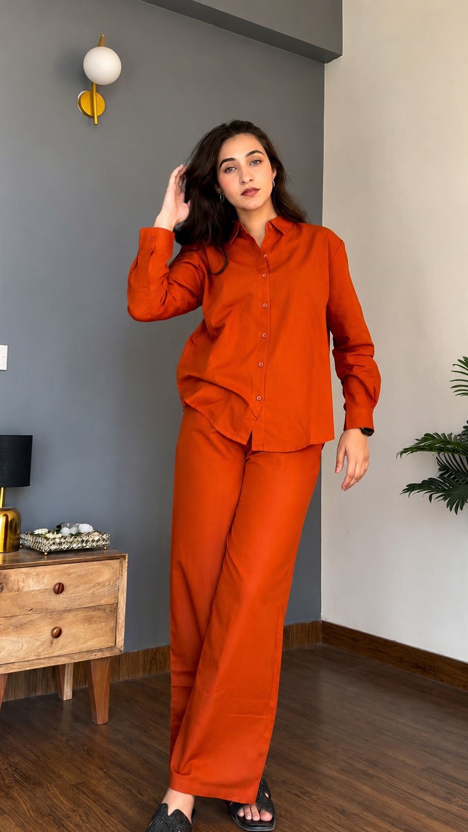 Women's Pure Cotton Co-Ord Set for Women | Full Sleeve Button Down Shirt & Wide Leg Pants | Soft Comfortable Casual Wear