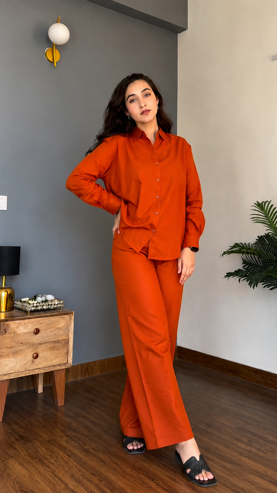 Women's Pure Cotton Co-Ord Set for Women | Full Sleeve Button Down Shirt & Wide Leg Pants | Soft Comfortable Casual Wear