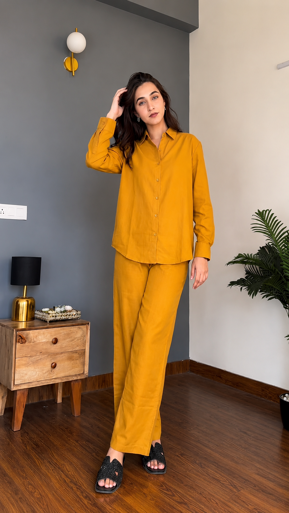 Women's Pure Cotton Co-Ord Set for Women | Full Sleeve Button Down Shirt & Wide Leg Pants | Soft Comfortable Casual Wear