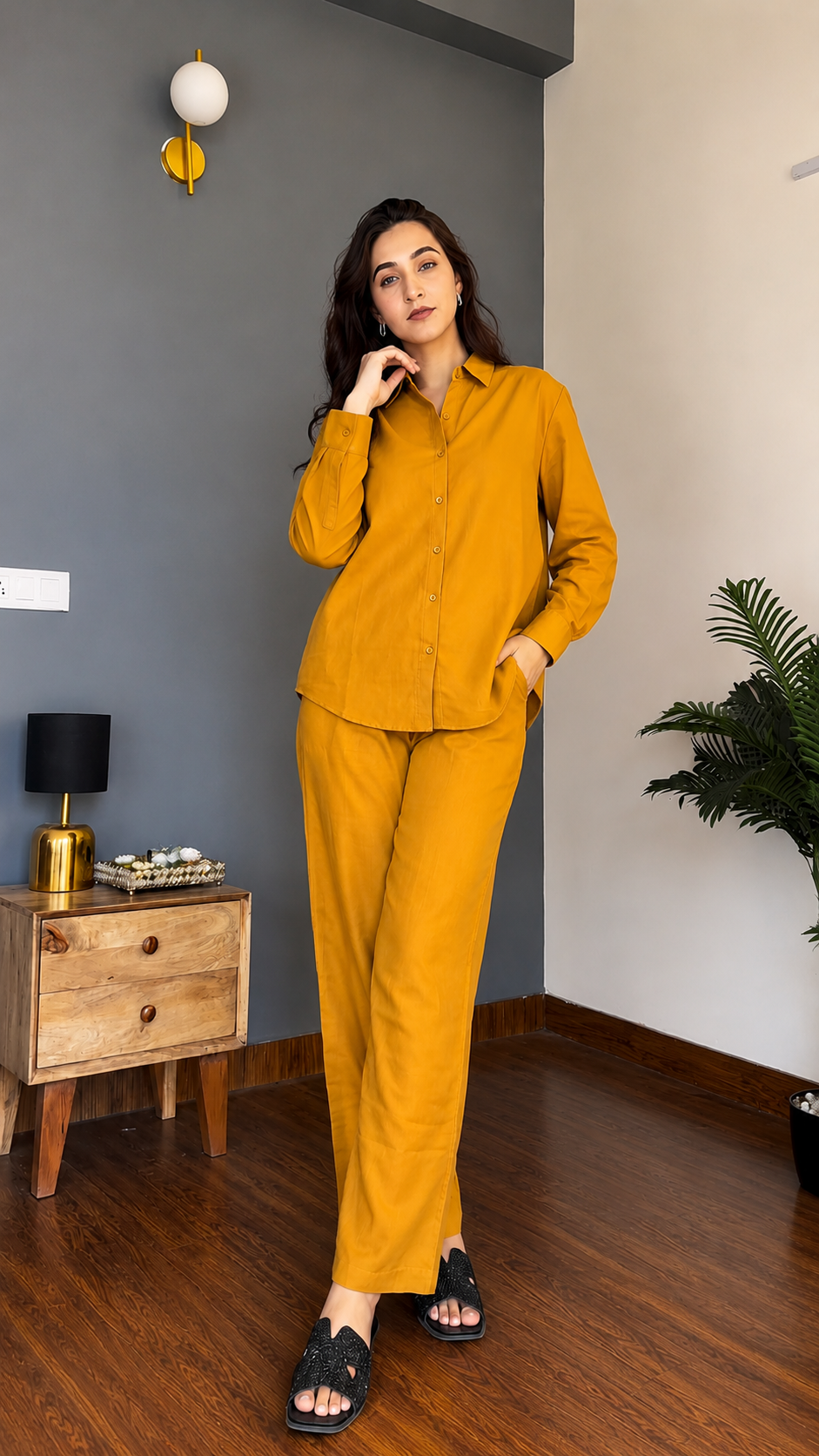 Women's Pure Cotton Co-Ord Set for Women | Full Sleeve Button Down Shirt & Wide Leg Pants | Soft Comfortable Casual Wear