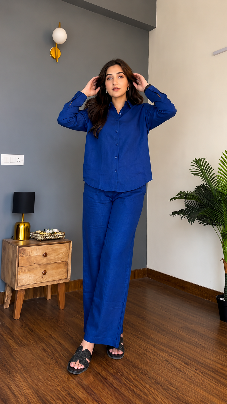 Women's Pure Cotton Co-Ord Set for Women | Full Sleeve Button Down Shirt & Wide Leg Pants | Soft Comfortable Casual Wear