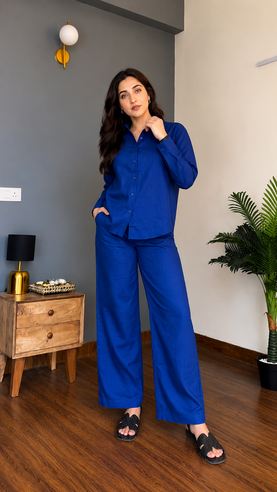Women's Pure Cotton Co-Ord Set for Women | Full Sleeve Button Down Shirt & Wide Leg Pants | Soft Comfortable Casual Wear